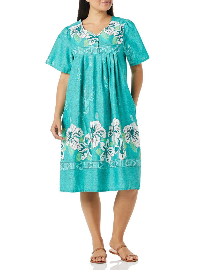 AmeriMark Womens Muumuu House Patio Dress â€“ Ladies Flowy Short Sleeve Sun Dress Lounger Gown Sleepwear - Jade - 1X - Image 1